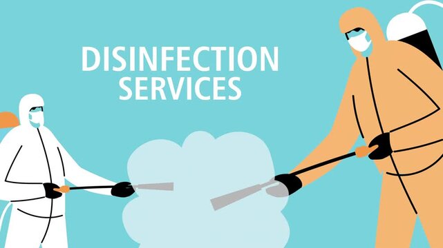 Disinfection services workers in protective suits spraying chemical sanitizer on light blue background with cloud.