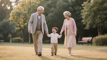 Obraz premium Senior couple walking with grandchild in park