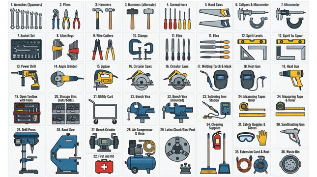 Collection of various tools and equipment for construction and repair.