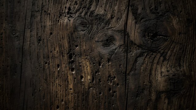 High-resolution photo of dark, charred Shou Sugi Ban rustic wood, rich in texture with detailed knots. Perfect for background use.