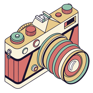 Retro dslr camera with striped lens isometric view.