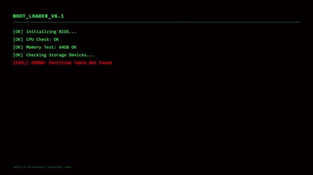 Futuristic System Error HUD with Red Digital Terminal Interface and Computer Boot Failure Partition Table Not Found Recovery Critical Monitoring Screen.