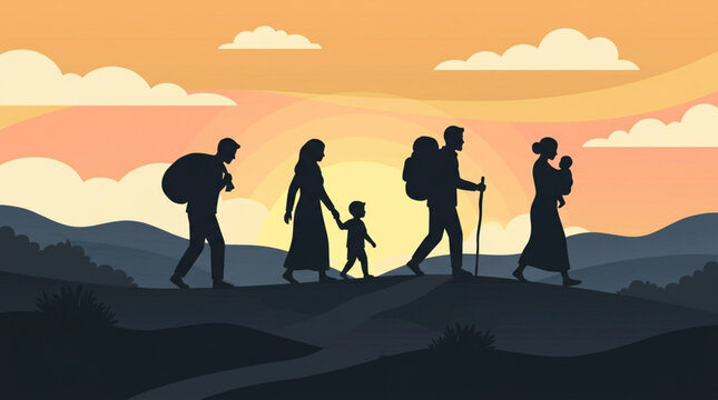 International Refugee Day Family migration silhouette at sunset across hills, symbol of journey, hope, and new beginnings