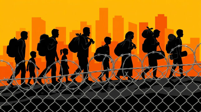 International Refugee Day Conceptual illustration Silhouettes of migrants and refugees walk past barbed wire fence towards a city, symbolizing challenging journey for safety and a new life