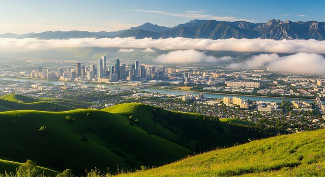 City skyline over green hills and foggy mountains