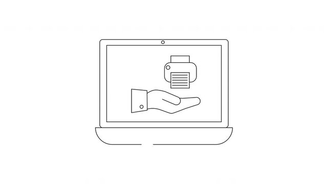 Laptop screen displays hand holding printer icon, digital printing service concept.