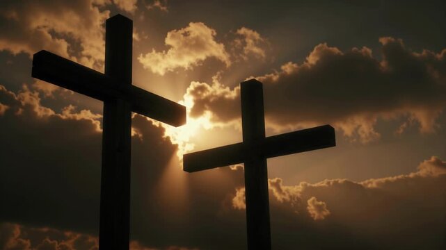Two Stark Crosses Silhouetted Against a Dramatic Sunlit Sky during Sunrise or Sunset for Spiritual Concepts