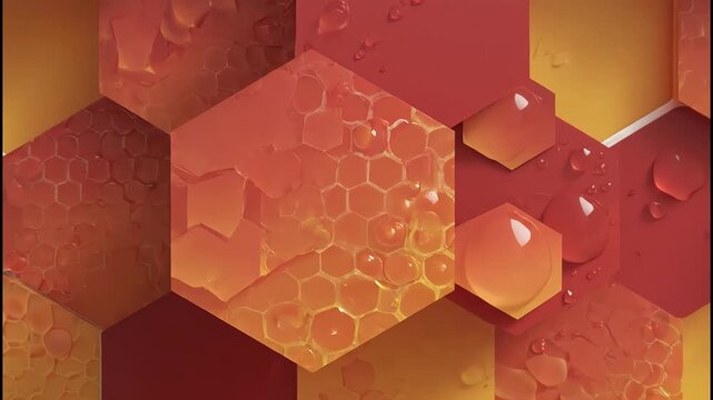 A detailed 3D rendering showcases a honeycomb structure with varying shades of red and yellow, accented by glistening water droplets, creating a visually appealing and textured pattern.