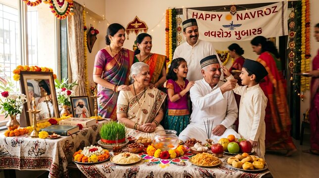 Multi-generational family celebrating Navroz with traditional Haft-seen spread at home.