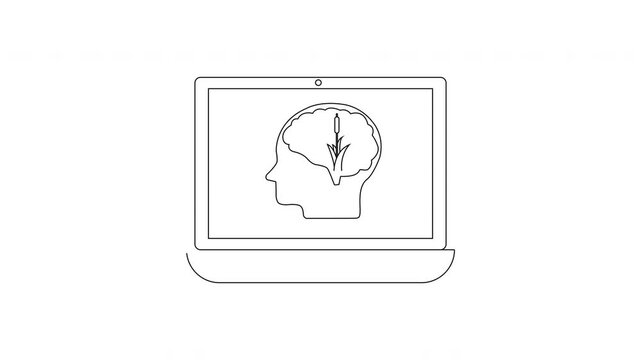 Minimalist Laptop Displaying Brain Scan with Downward Arrow Icon.