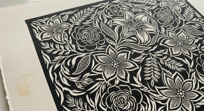Woodblock Floral Design Hand Carved Style Pattern