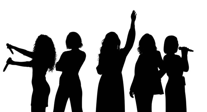 Black silhouettes of women dancing and singing isolated on transparent background, Vector