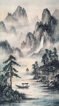 Traditional Chinese shui mo hua very light palette greenish blue mountains water pine trees small boat on river traditional architecture waterfall sun setting black ink pale cyan slight warm ochre bru