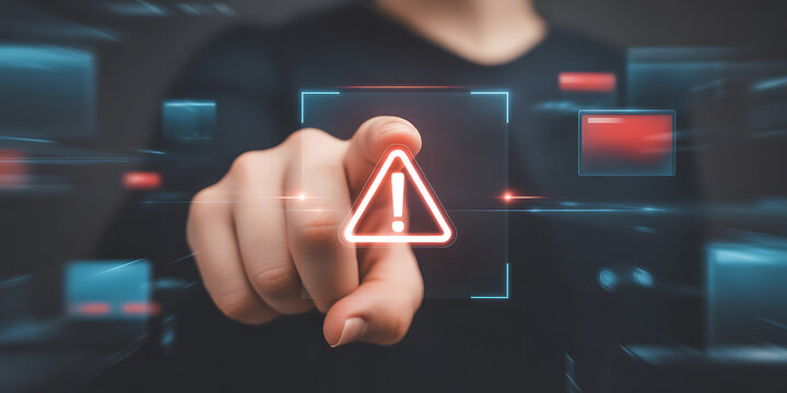 A person interacting with a digital warning sign on a futuristic interface with glowing blue and red lights