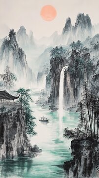 Shui mo hua landscape light colors green blue mountains water pine trees small boat traditional buildings waterfall sunset mostly black subtle cyan touch ochre loose brushwork wet ink bleeding soft gr