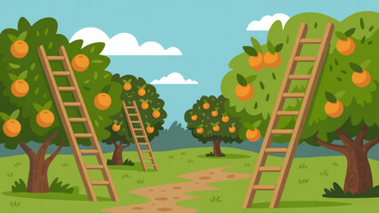 Minimal cartoon style orchard farm with climbing ladders fruit trees and fluffy cloud sky in peaceful rural setting Keywords: © omor