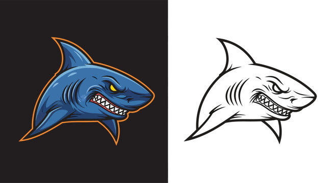 Aggressive blue shark mascot illustration with sharp teeth and yellow eyes, presented in both color and outline versions, suitable for sports teams or logos.