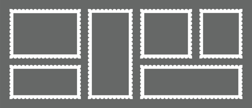 Set of vintage vector frames features a blank postage stamp border design on old paper texture for a decorative mail art illustration template.