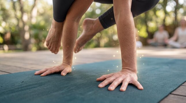 Person practicing yoga outdoors on a green mat with hands and feet in a plank position on a sunny day