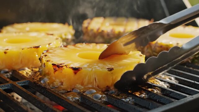 Glazing fresh pineapple slices on a barbecue grill