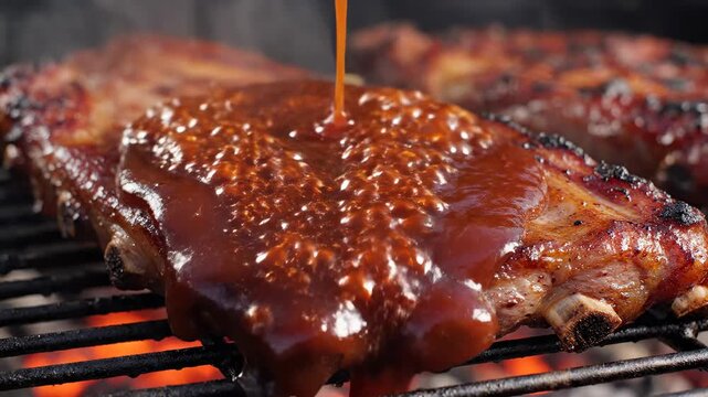 Barbecue sauce pouring onto pork ribs on a hot grill