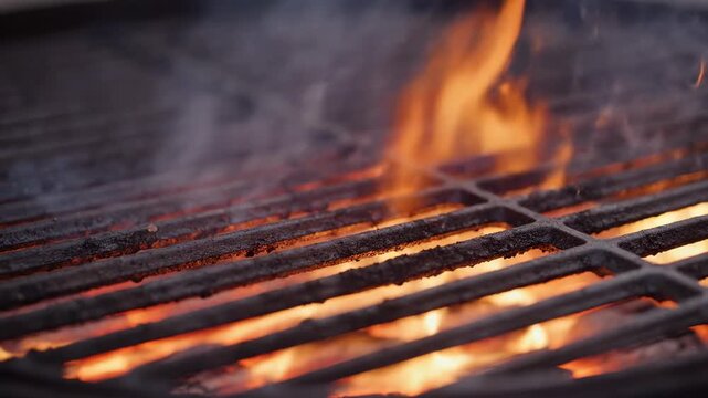 Flames rising from a hot barbecue grill grate during cooking