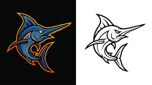 Dynamic blue marlin or swordfish mascot logo design in both vibrant color and black outline versions, featuring an aggressive pose.