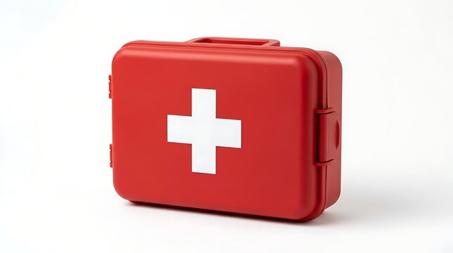 Red first aid kit box with white cross symbol on plain background