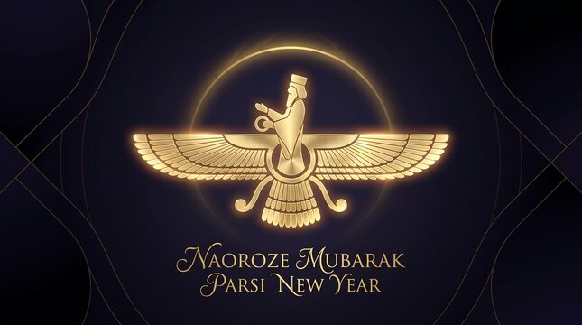 Naoroze Mubarak Parsi New Year Faravahar Symbol Golden Design.