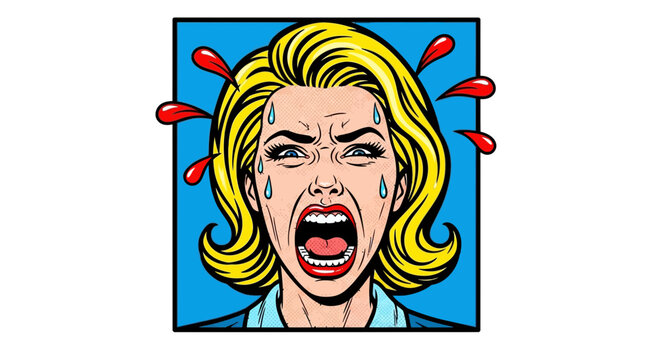 Woman Screaming in Distress, Blood Drops, Comic Book Style, Intense Emotion