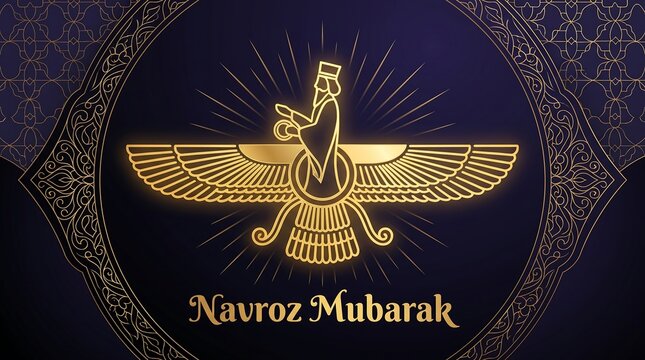 Navroz Mubarak Faravahar Symbol with Golden Glow on Dark Background.