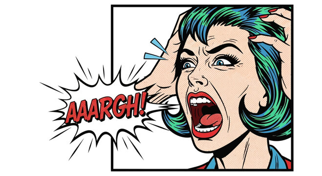 Woman screaming in frustration, comic book style, retro pop art, distress, anger, stress, vintage illustration