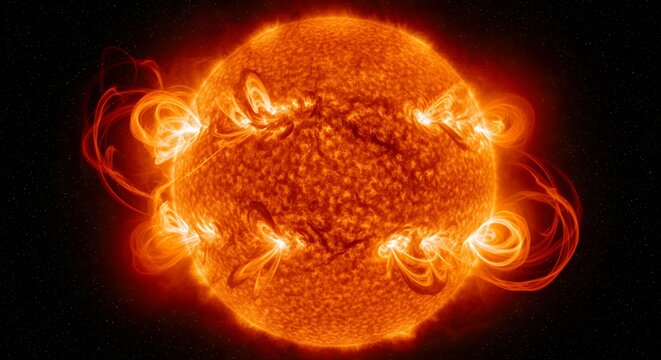 Sun with solar flares and coronal loops in space