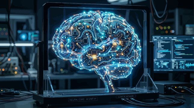 Intricate Glowing Digital Brain Structure in a High-Tech Scientific Research Facility, Highlighting Advanced Artificial Intelligence, Neural Networks, and Future Technological Innovation