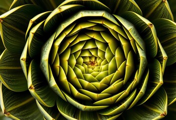 Obraz premium Intricate spiral arrangement of artichoke bracts showcasing Fibonacci sequence, abstract, artichoke heart