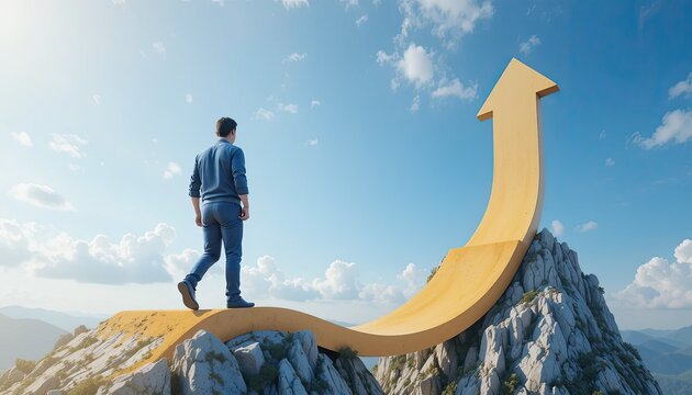 Man standing on mountain peak looking up at large yellow arrow pointing upwards in blue sky with white clouds