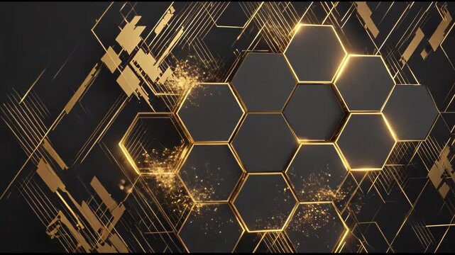 A striking abstract composition features a cluster of golden hexagonal shapes against a dark background, accented by linear gold details, creating a modern and luxurious visual.