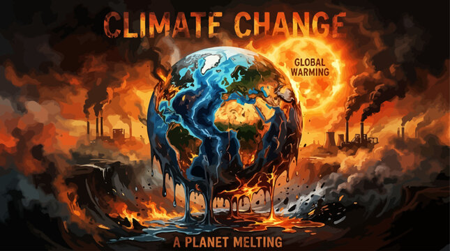 A powerful illustration of Earth's climate crisis, depicting our melting planet engulfed in apocalyptic fires and smoke, symbolizing global warming's destructive impact