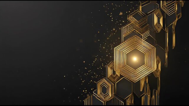 An elegant black background features a cluster of golden hexagonal shapes arranged in a layered pattern, creating a sophisticated and modern design.