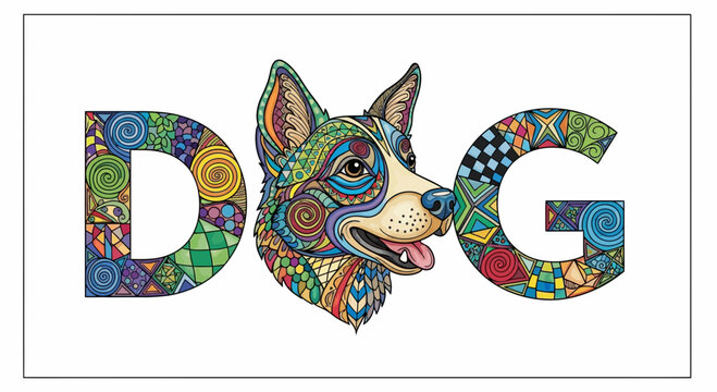Zentangle Dog Art Word "DOG" with Blue Heeler Portrait, Colorful Patterns
