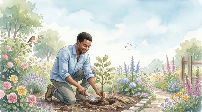 Smiling Black man plants an oak sapling with a trowel among blooming flowers in a garden