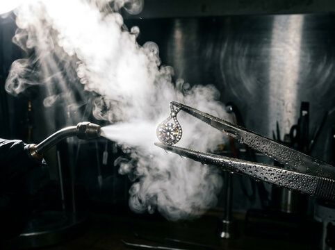 Diamond pendant being cleaned with steam in a workshop setting with tools nearby always