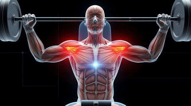 Futuristic 3D Rendering of Human Anatomy Performing Bench Press Highlighting Pectoral and Shoulder Muscles