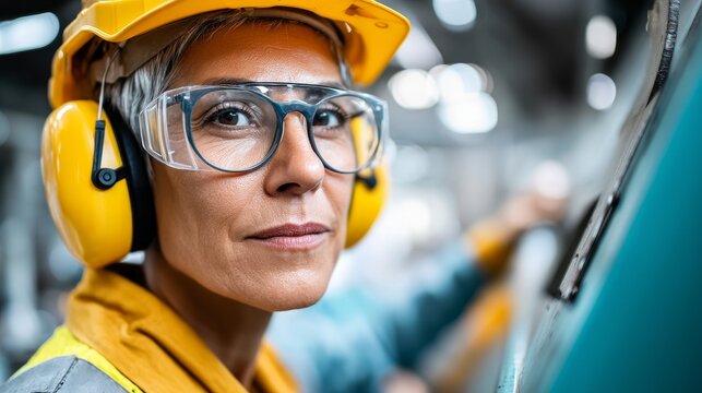 Industrial worker in full PPE operating machinery in bright workshop with focused expression and clean background, safe professional environment