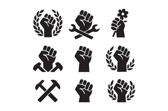 black and white icons of raised fists with various symbols