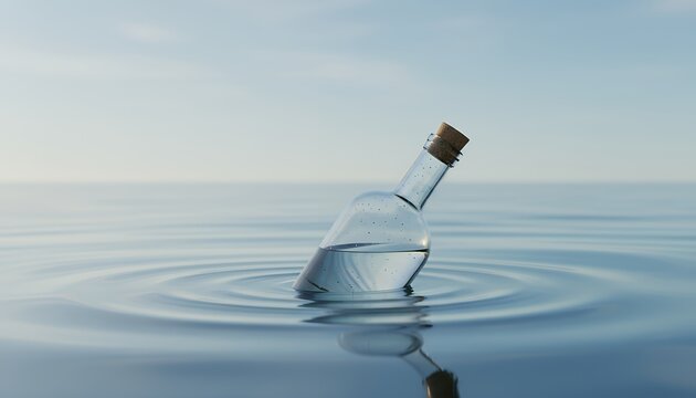 Water bottle floating in calm sea with ripples
