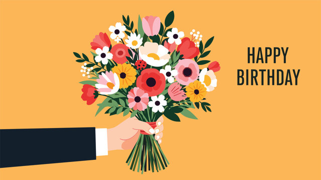 Vibrant birthday illustration showing a person in a suit holding a large bouquet of colorful flowers with Happy Birthday text.