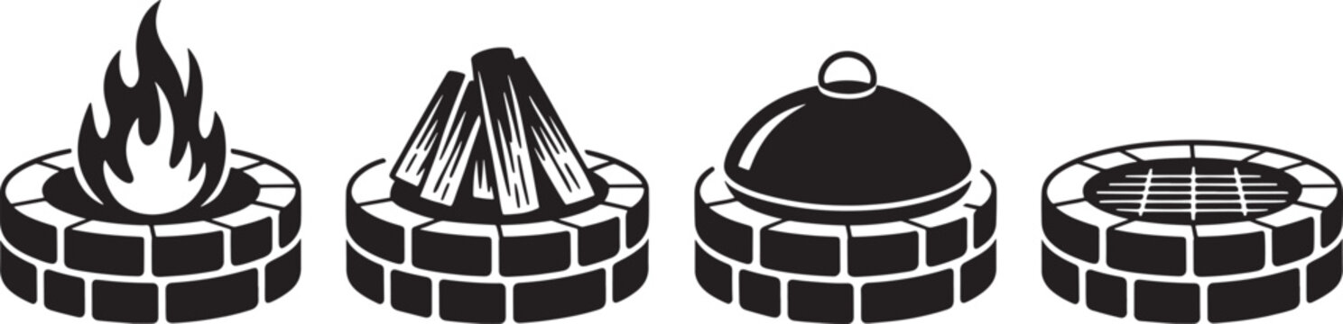 Black silhouette of brick fire pit with flames logs grill and covered lid in minimalist style