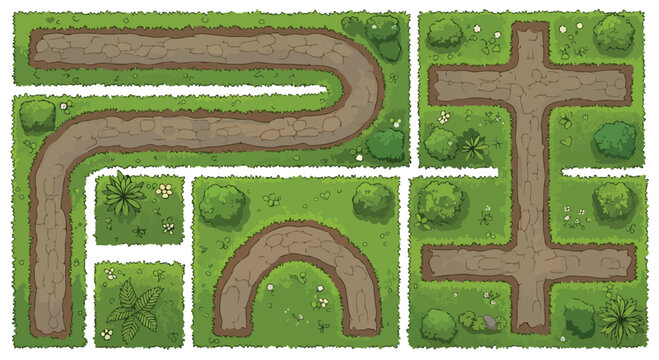 Top-down game map tiles, green grass and brown dirt path vector set, aerial view landscape elements for mobile gaming and level design