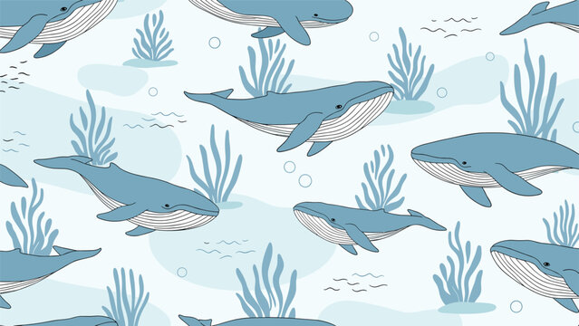 Marine life seamless pattern with blue whales swimming among underwater seaweed plants and air bubbles on a light blue background for children.